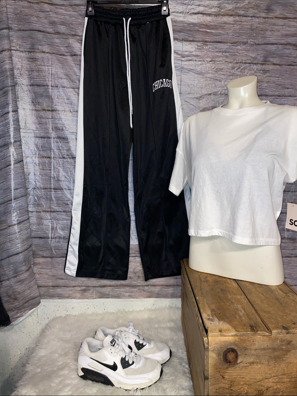Chicago Black Track Wide Legged Pants with White Side Stripe